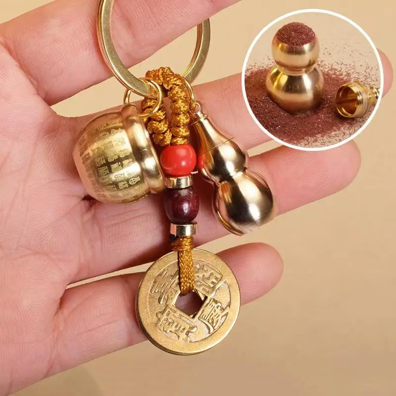 Chinese Feng Shui Gourd Keychain With Five Emperors Money Lucky Pendant Creative Wealth Key Ring Home Office Women Men Bag Char