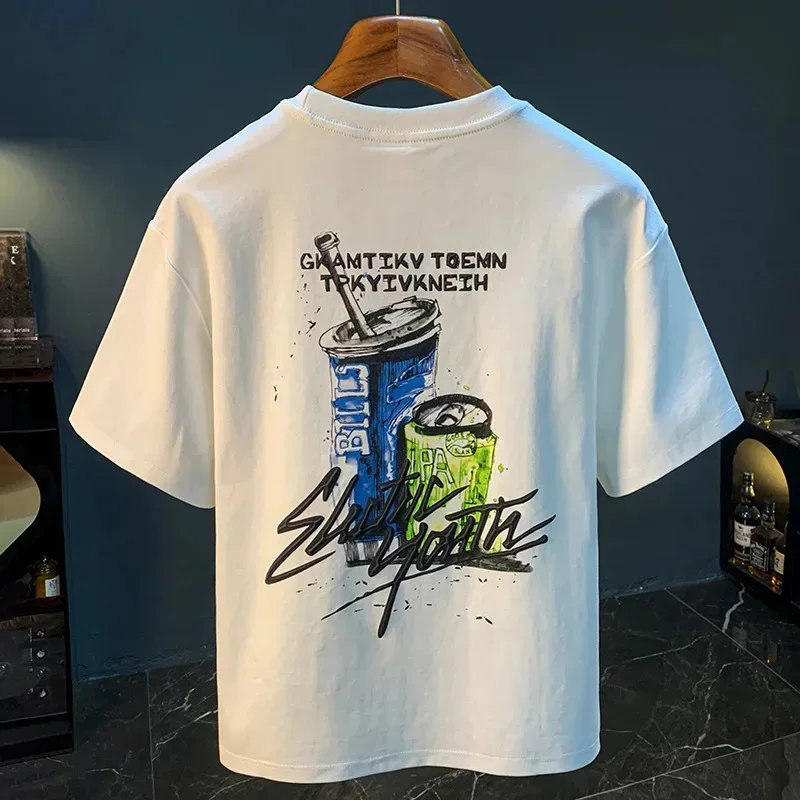 Summer printed T-shirt for men in 2026, thin, trendy, loose, plus size, versatile round neck short sleeved top