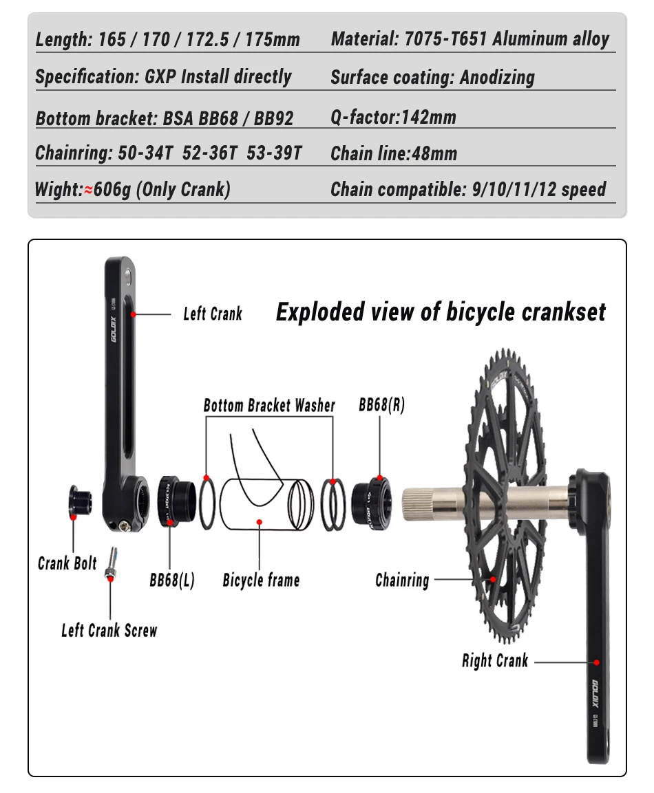 GOLDIX Rennrad-Kurbelgarnitur, 165/170/172,5/175 mm Länge, Aluminiumlegierung, geschmiedete Fahrradkurbel, Doppelkettenblatt, 50–34 Zähne/52–36 Zähne/53–39 Zähne – Detail 2