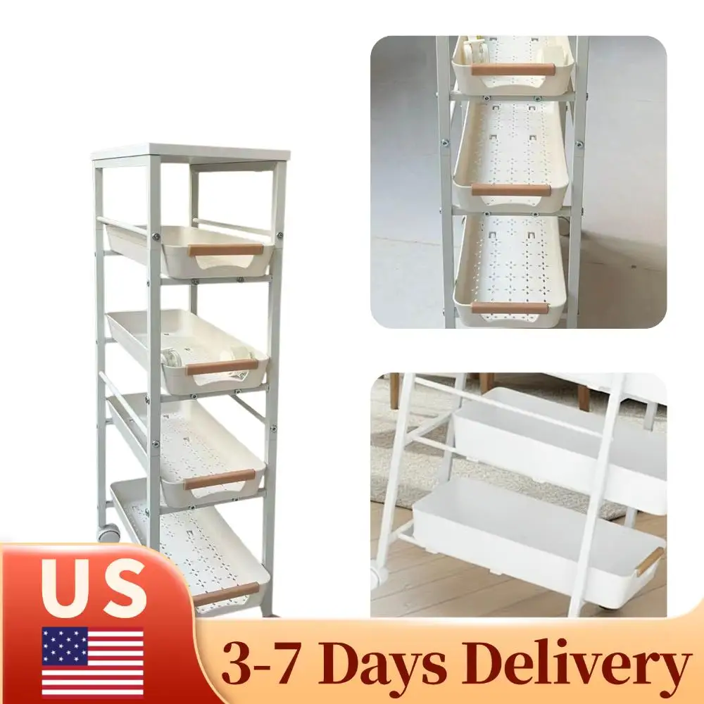 

4-уровневая узкая тележка для хранения с выдвижными корзинами и колесами, металлическая тележка-органайзер для дома, офиса, кухни, ванной комнаты, прачечной