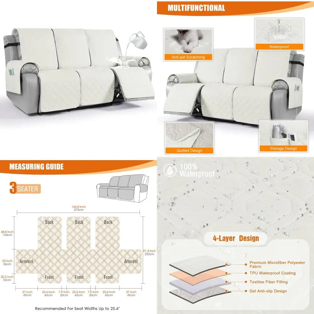 

Waterproof Reclining Sofa Cover - 1-Piece Washable Couch Protector with Non-Slip Furniture Guard for Sofas
