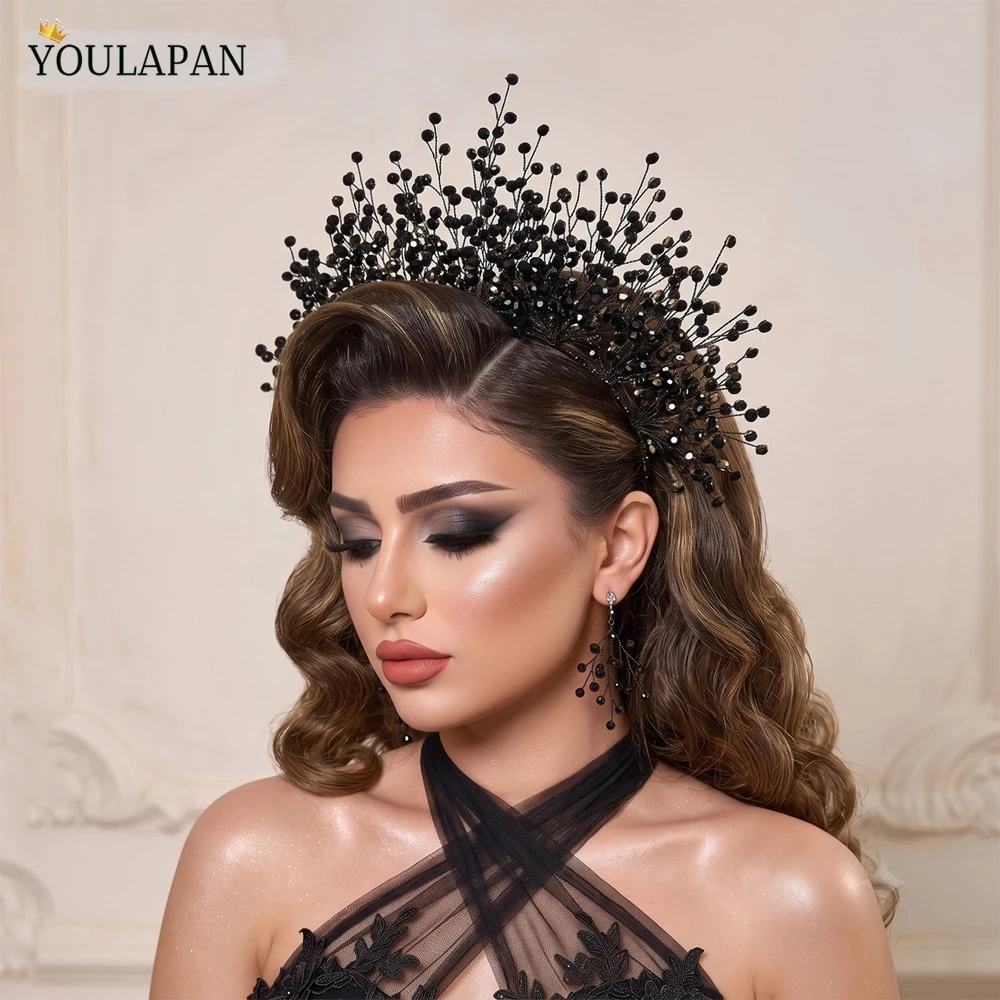 YouLaPan Fashion Full Rhinestone Bride Tiaras Black Color Wedding Crown Set Banquet Party Headpieces Hair Accessories A234