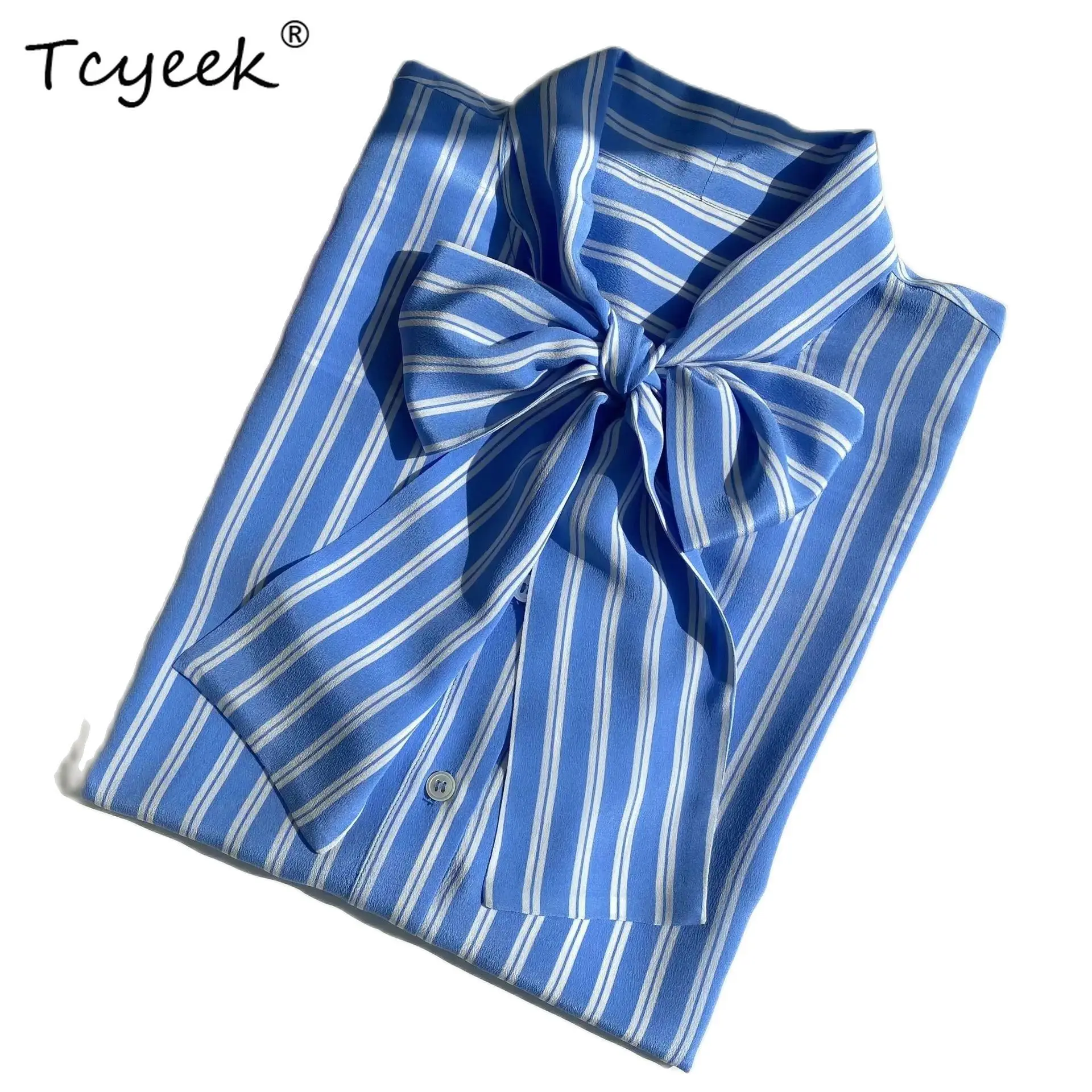 

Tcyeek, 17MM 100%Real Silk Elegant Shirt, Women Long Sleeve Striped, French Bow OL Commute Blouse, 2024 Summer New T455128QC