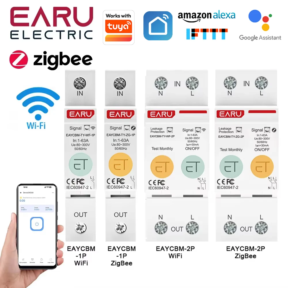 1P 2P TUYA APP Zigbee WIFI Smart Energy Power Consumption kWh Meter Circuit Breaker Time Relay Switch Leakage Voltage Protection
