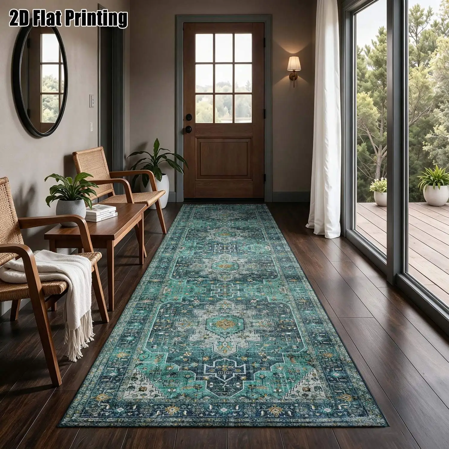 1Pc 2D Printed Long Strip Rug: Retro Blue-Green Geometric Pattern European/Bohemian/Nordic Style, Machine Washable, Multi-Size, Ideal for Entryway, Hallway, Living Room, Bedroom Home Decor.