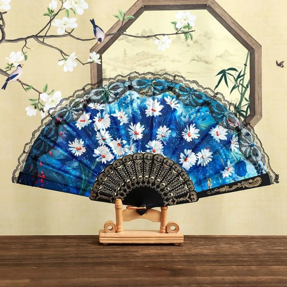 Elegant Plastic Ribs Spanish Folding Fan Black Floral Printed Cloth Dance Prop Fan Lace Trim Edge Handheld Fan Gift