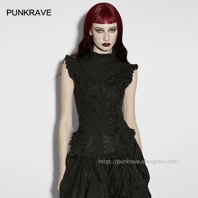 

PUNK RAVE Women's Flying Shoulder Stand Up Collar Shirt Gothic Style Decal Mysterious Feeling Adjustable Drawstring Tank Top