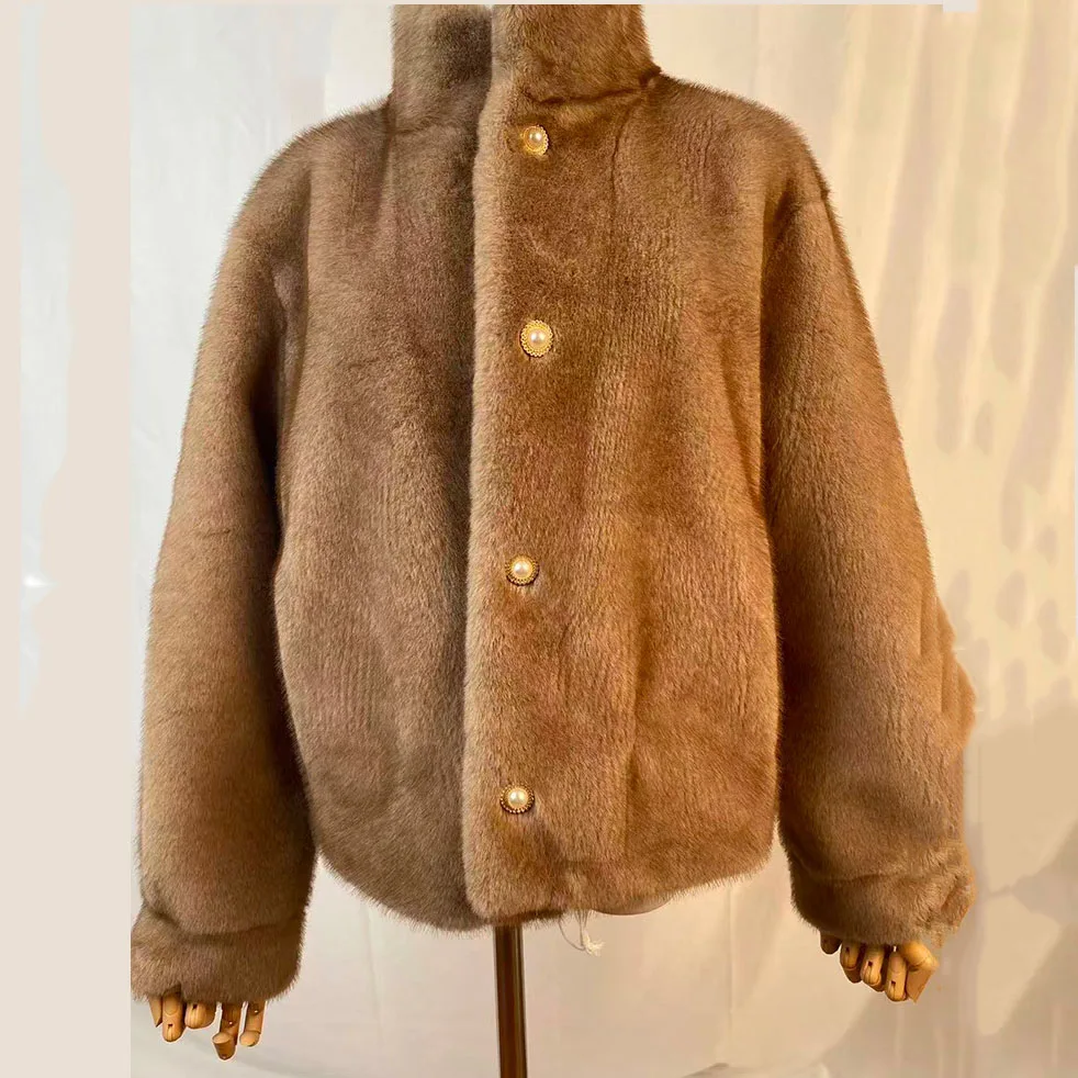 Winter Women's Faux Mink Fur Jacket American Casual Fashion Stand Up Collar Pearl Single Breasted Warm Plush Thicken Overcoat 4