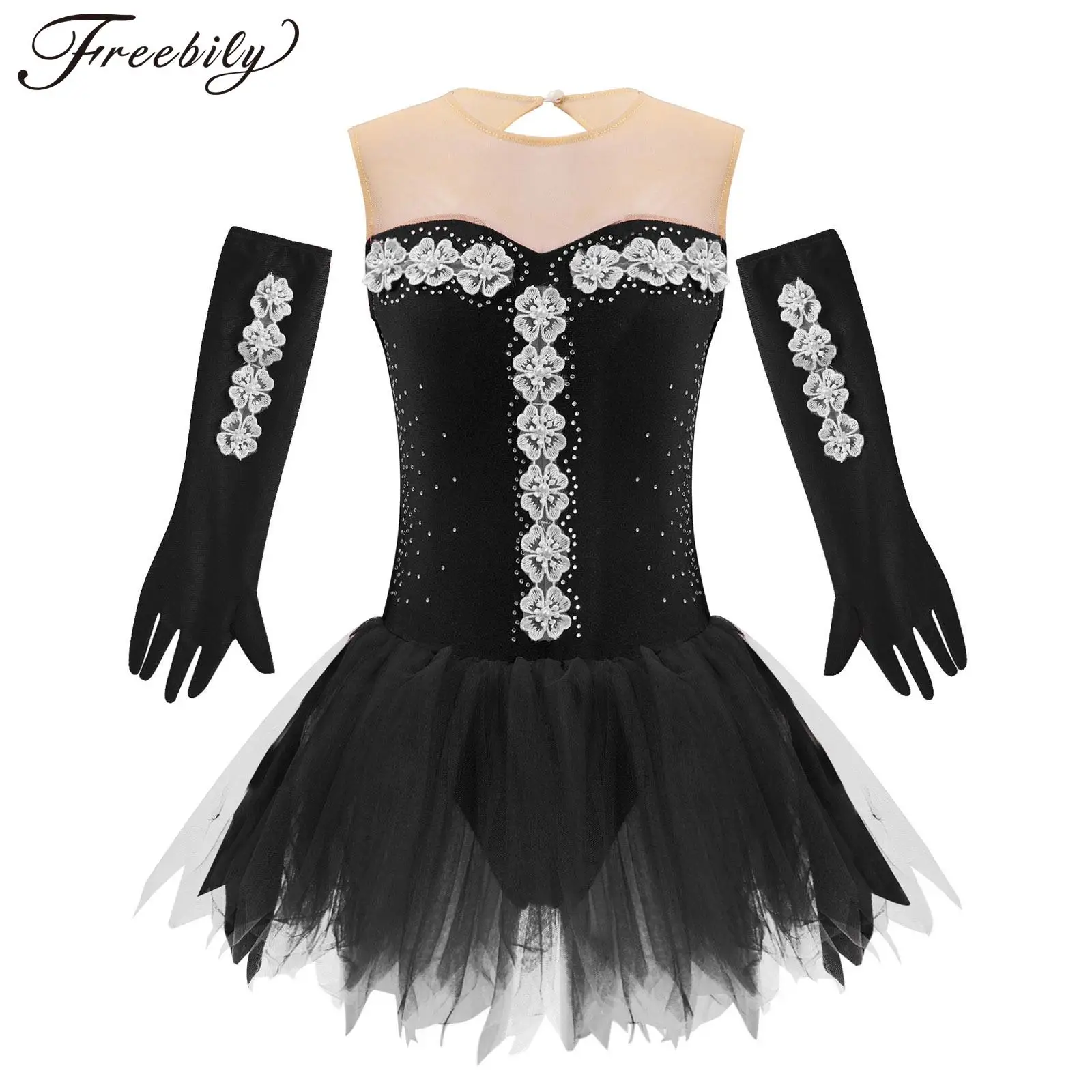 Kids Girls Figure Skating Dance Dress Ballet Gymnastics Leotard Dresses Sleeveless Shiny Rhinestone Flower Mesh Tutu with Gloves