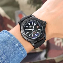 Automatic Mens Watch Self Wind Mechanical Movement Black Bird Canvas Style Genuine Black Blue Leather Luminous Fashion Watches