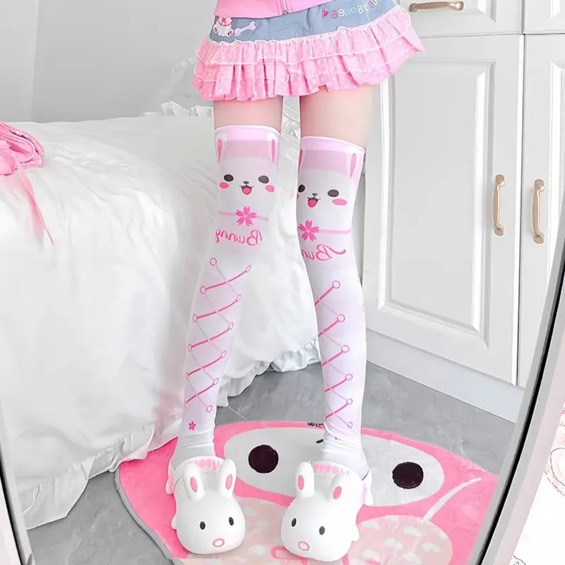 Kawaii bonito coelho branco sobre o joelho meias dos desenhos animados gato pata impressão senhora sexy longo tubo coxa meias menina lolita cosplay