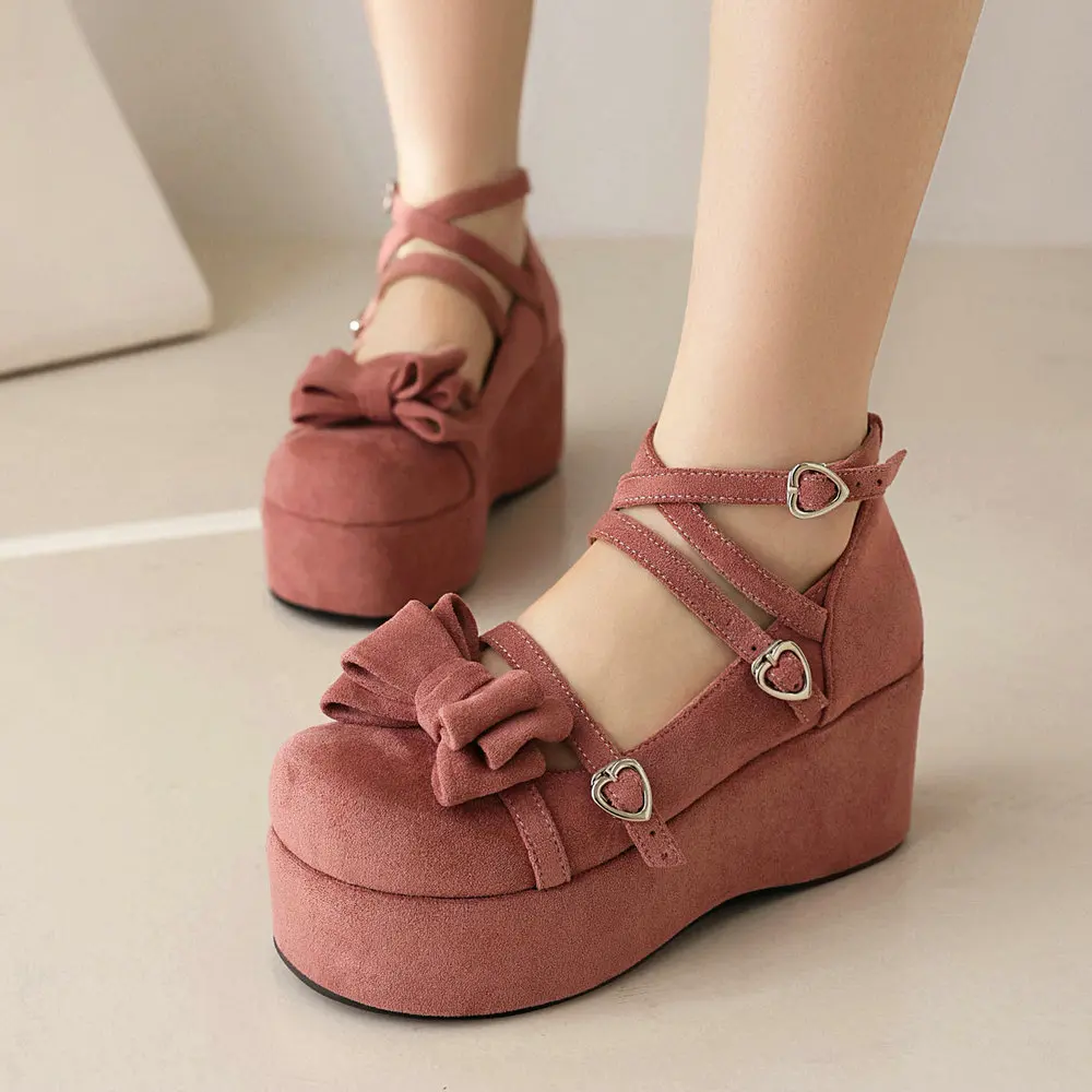 Four Season Thick Sole Suede Texture Leather Loli Women's Shoes Elegant Sweet Bow Girls JK Uniform Princess Cosplay Party Pumps