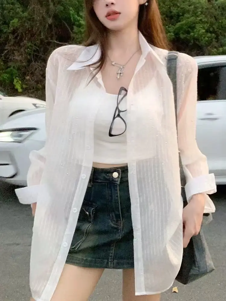 

Pentagram Sequin Striped Sun Protective Clothing Women's New Summer Lightweight Ice Silk Shirt Long Sleeve Top