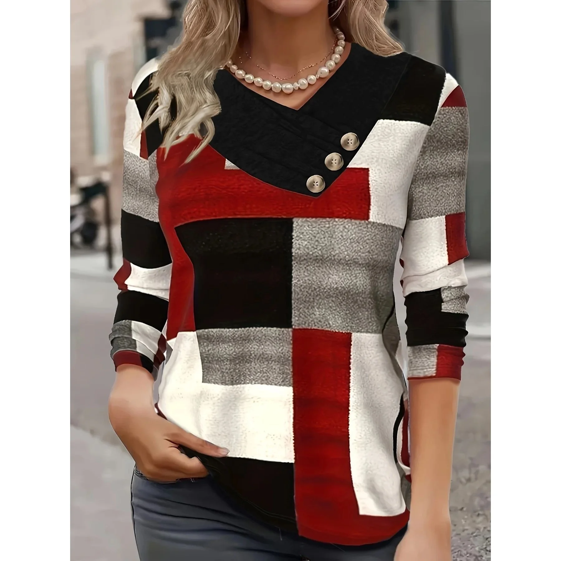 

Осенняя тонкая модная клетчатая футболка с v-образным вырезом и пуговицами больших размеров, удобная дышащая повседневная женская футболка