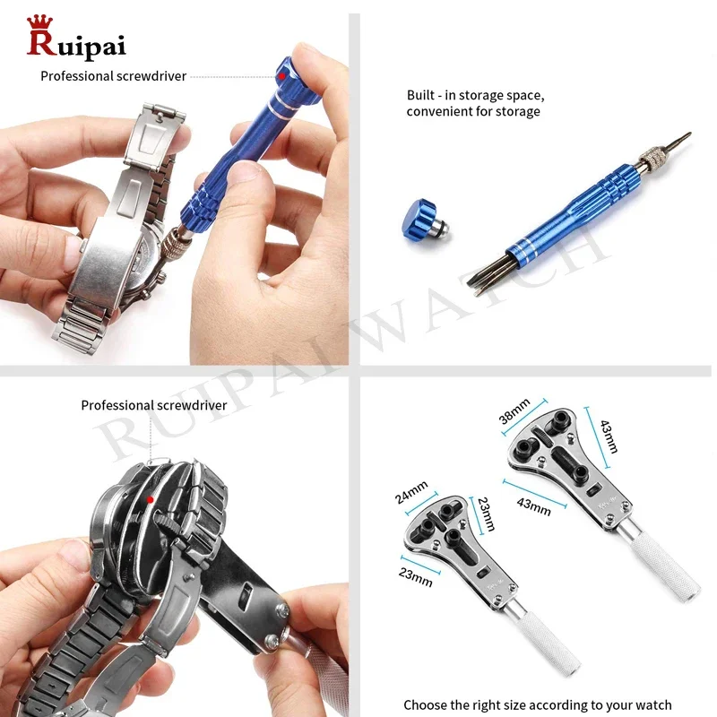 RUIPAI 144pcs Watch Repair Watch tools Back Case Opener Spring Bar Pin Hand Remover Horloge Gereedschap Reparatie Tool Kit Case image 3