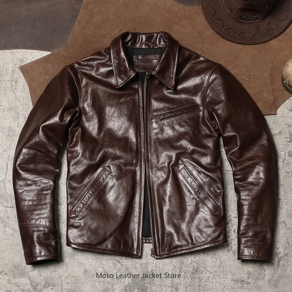 1930 Collared Slim Fit Genuine Leather Jacket, Waxed Glossy Soft Thin Goatskin Coat Washed Vintage Distressed Leather Outerwear
