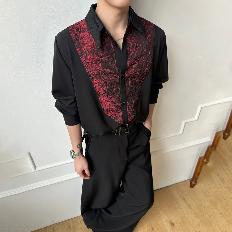 LUZHEN Long 2026 Spring Rose Pattern Color Contrast Patchwork Sleeve Shirts Men's Trendy Elegant Temperament Casual Tops JY8443
