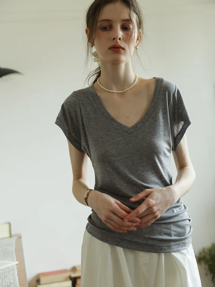 

Slim Fit Wool Silk V-Neck Short Sleeve T-Shirt Women Summer New Style Lightweight Base Layer Shirt Versatile Slimming Top