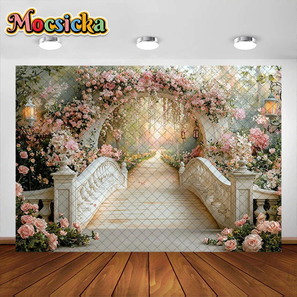Mocsicka ฉากหลังถ่ายภาพคู่ดอกไม้สีชมพูตกแต่งสะพานดอกไม้สำหรับผู้ใหญ่เด็กภาพบุคคลฉากหลังสตูดิโอ