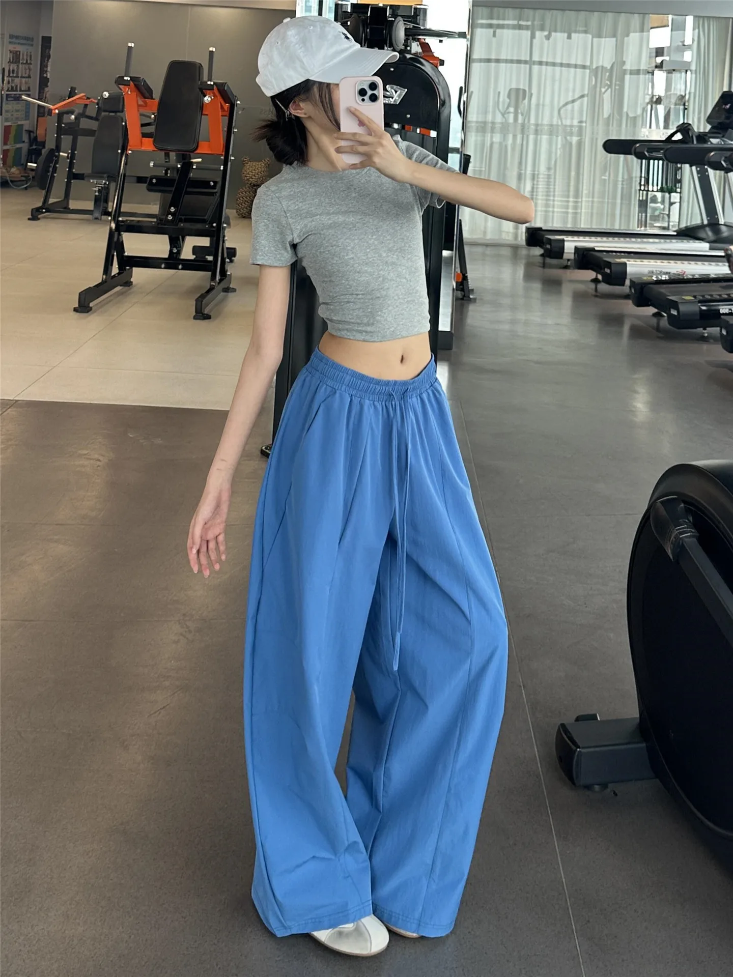 Quick Dry Wide Leg High Waist Thin Design Casual Pants for Women Summer Blue Drawstring Loose Fit Comfortable Cotton Trousers