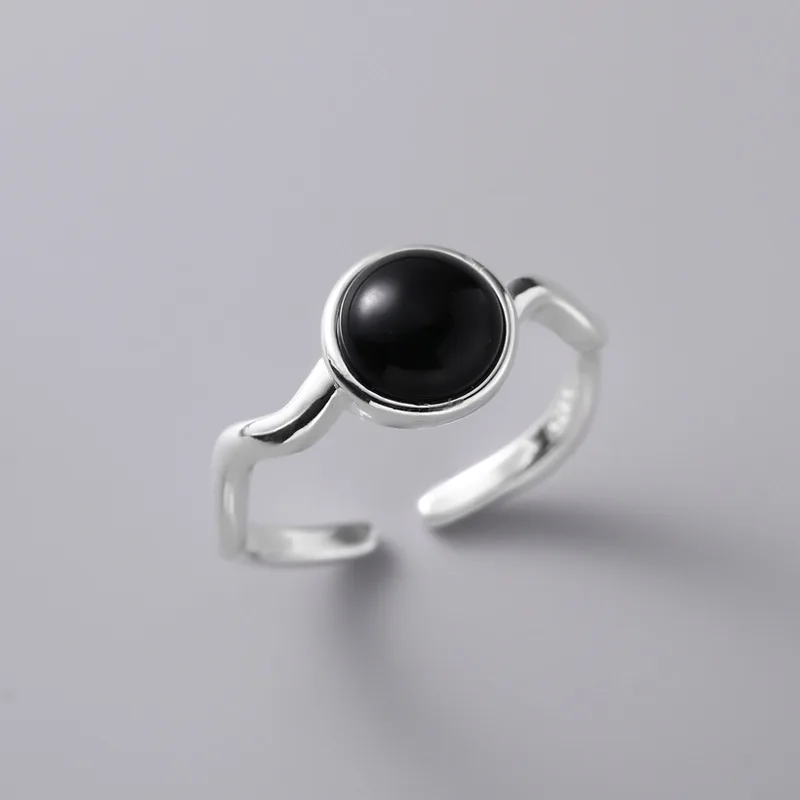 

Fashion Real 925 Sterling Silver Wave Line Rings For Women Fine Jewelry Woman's Round Black Stone Ring S925 Accessories