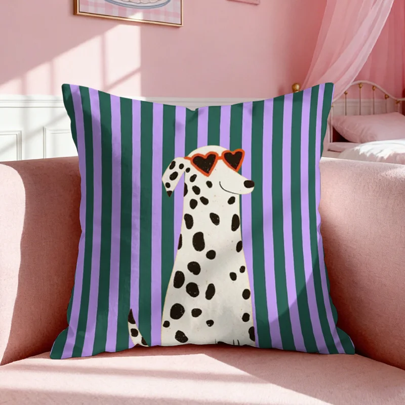 1pc Cute Dalmatian Dog Print Throw Pillow Cover, 2D Double-Sided Polyester Cushion Case, Colorful Striped Dog Decor Pillow, Gift