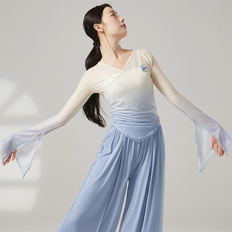 Women Classical Dance Mesh Top Gradient Long Slit Flared Sleeve Shirt Saree Blouse Chinese Hanfu Performance Training Costumes