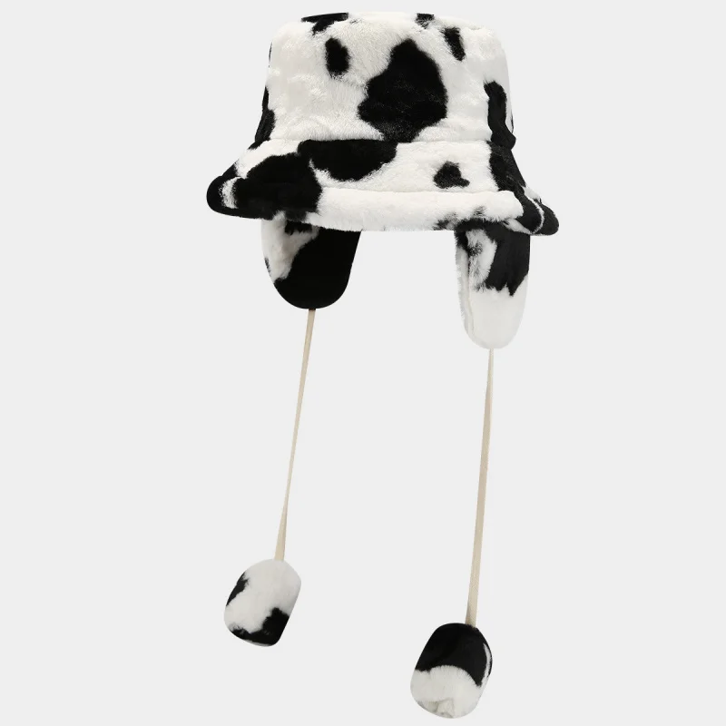 Leopard Print Fuzzy Bucket Hat with Ear Flaps, Winter Warm Plush Trapper Cap