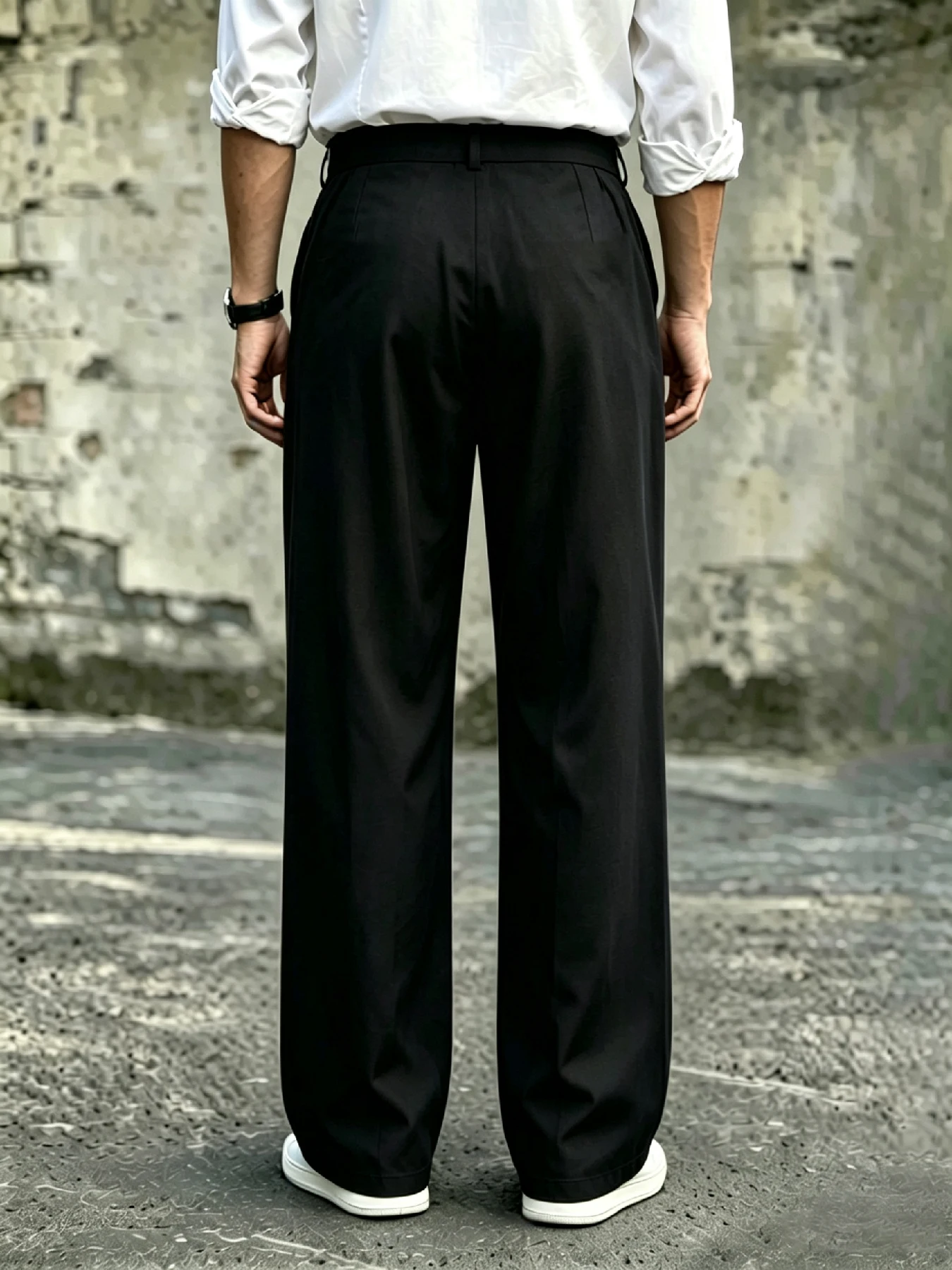 Herrenhose mit hoher Taille, doppelt plissiert, weites Bein, drapierend, knitterfrei, atmungsaktiv, aus strukturiertem Stoff, für Büro und Arbeit. – Detail 6