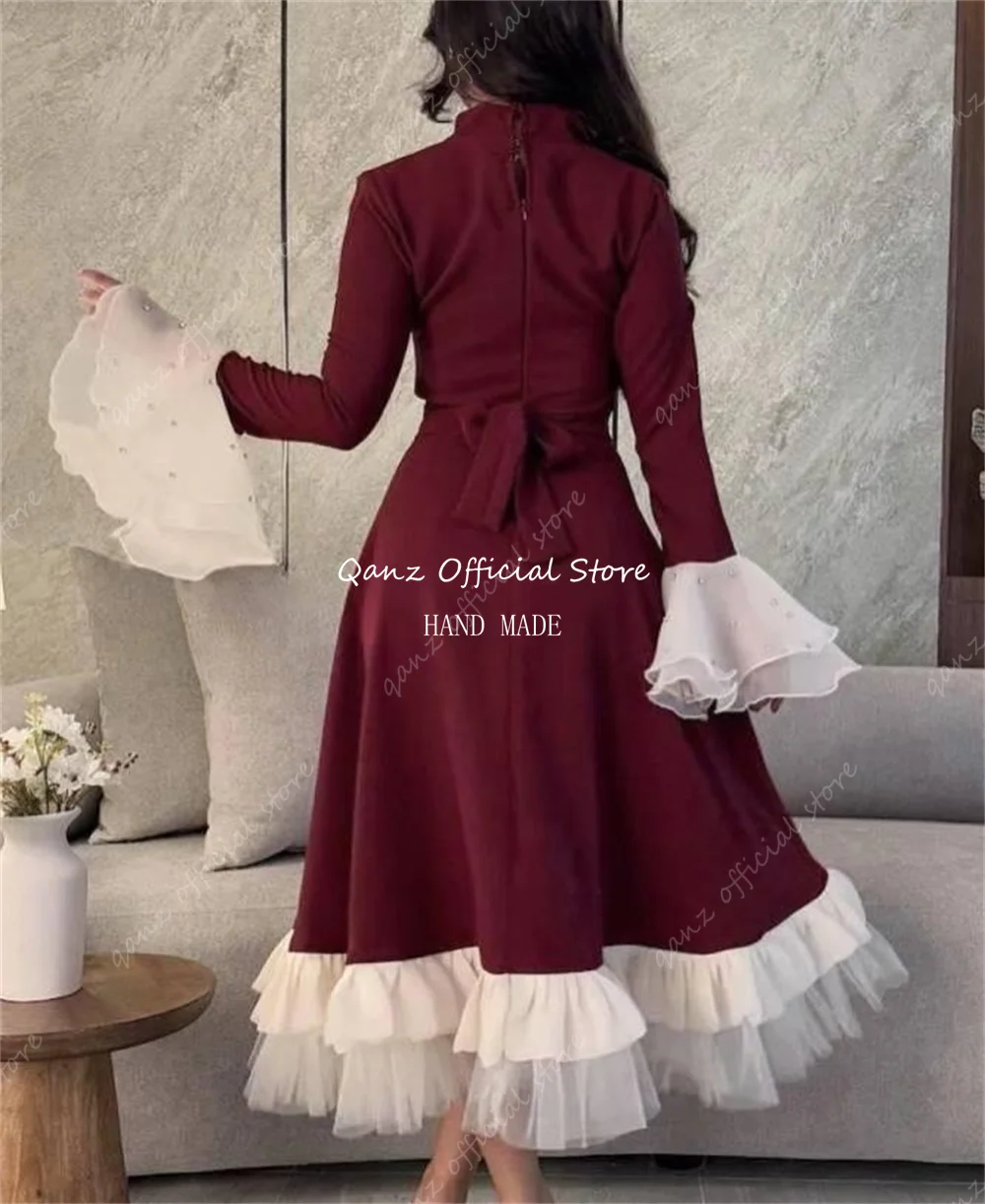 Qanz Dubai  Short Crepe Evening Dresses with Ruffles A-Line Long Sleeves Tea Length Wedding Guest Dress for Women Customized