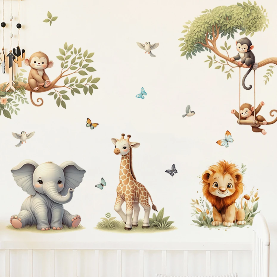 

Cartoon Forest Animals monkey Swinging Watercolor Wall Sticker Child Nursery Kindergarten Art Decal Kids Room Bedroom Home Decor