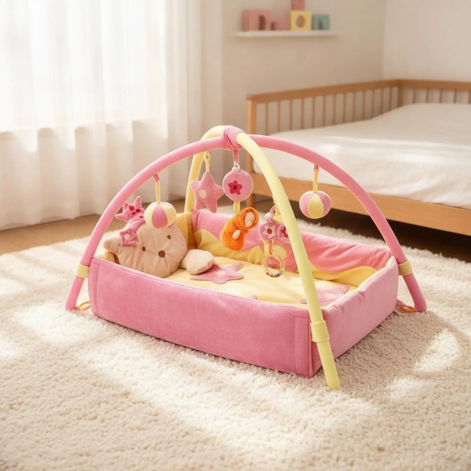 Infant Activity Gym Play Mat Soft Cushioned Baby Game Surface with Rattles for Newborn Motor Skills