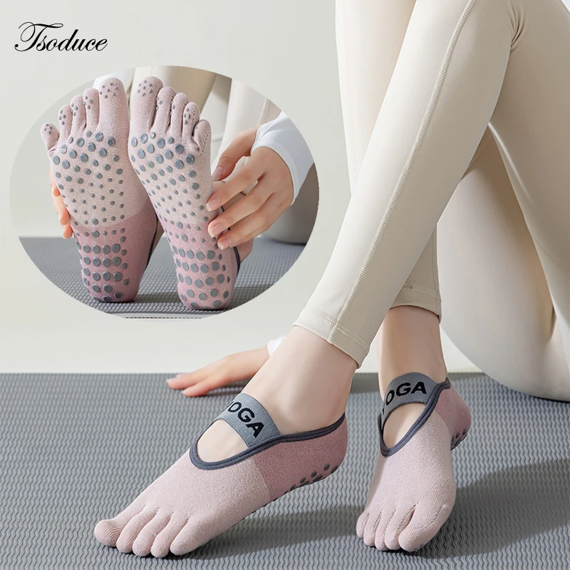 Women Cotton Yoga Socks Five Finger Ankle Socks Anti-Slip Gym Fitness Sports Breathable Cross Back Pilates Dance Split Toe Socks