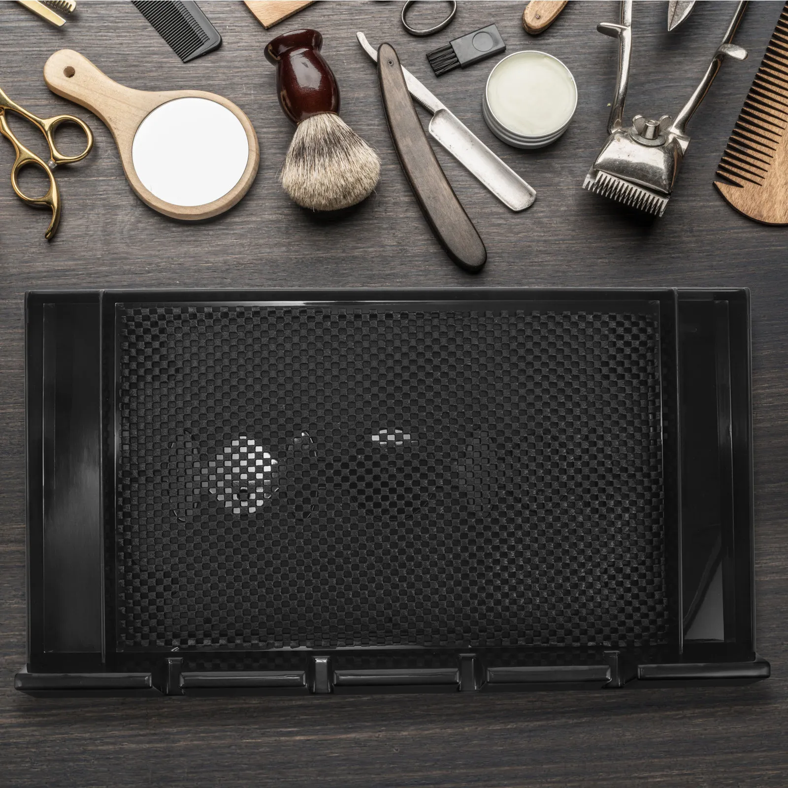 バリカン用トレイ、頑丈なオーガナイザートレイ、ヘアトリマー、かみそりホルダー、ステーションマット、ヘアスタイリングツールオーガナイザー、バリカンガード