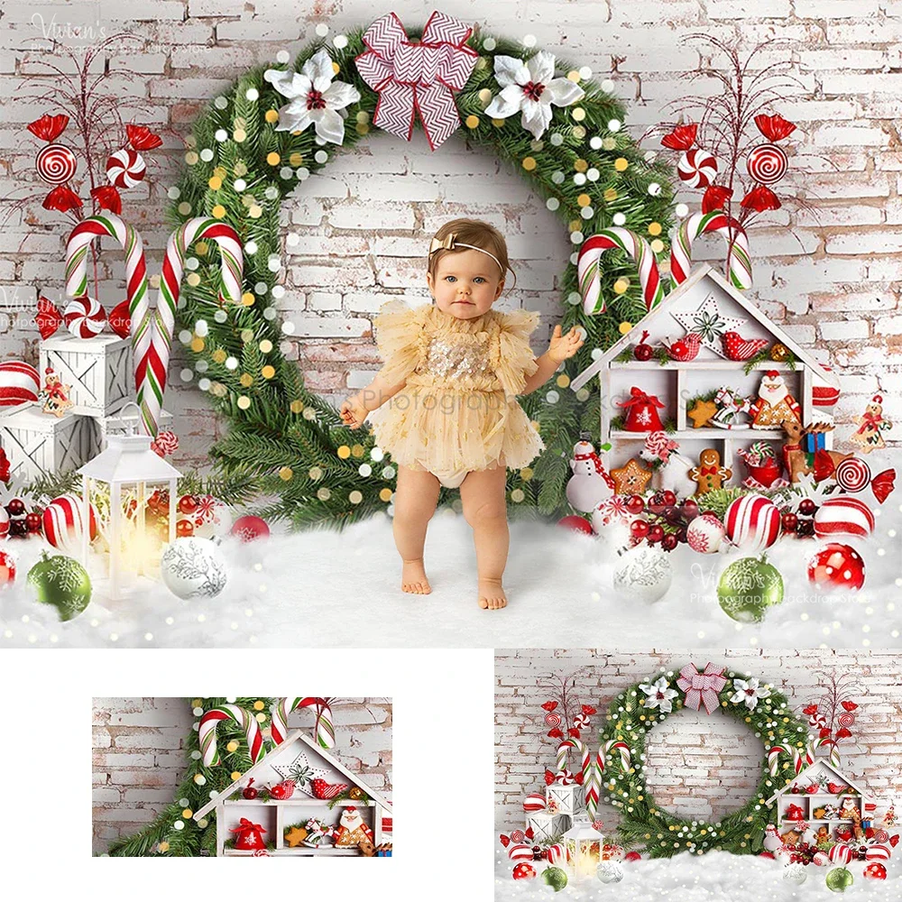 Toile de fond de mur de brique de couronne, accessoires de Noël, bannière de studio photo de bébé, fond de scène de neige, photocall familial d'enfant, bannière d'hiver