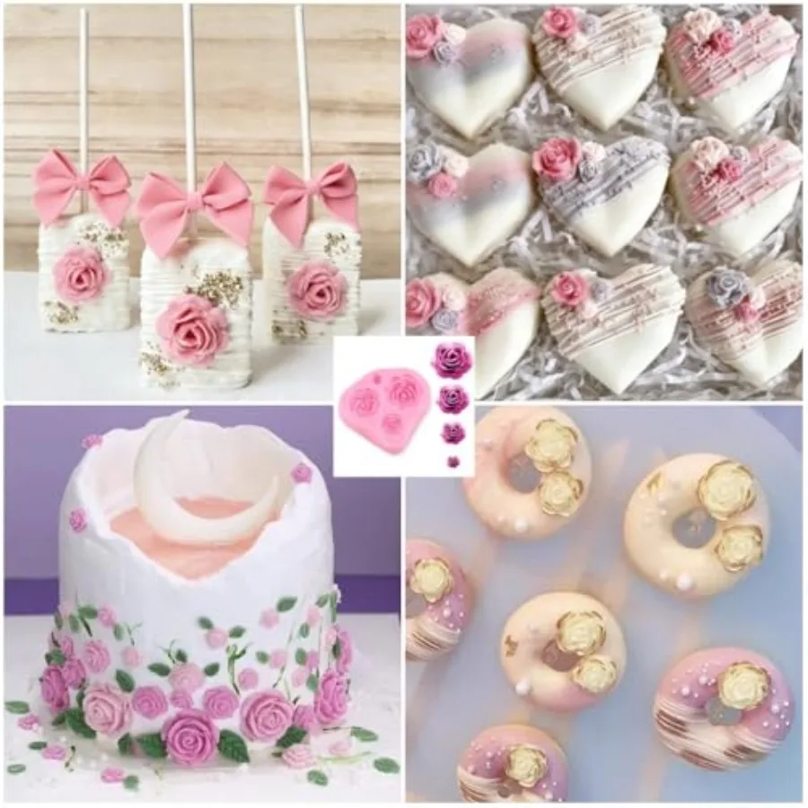 Roses Mold Flower Silicone Cake Molds Chocolate Sugarcraft Decorating Fondant Fimo Tools 4 Size Pink 2 Pcs