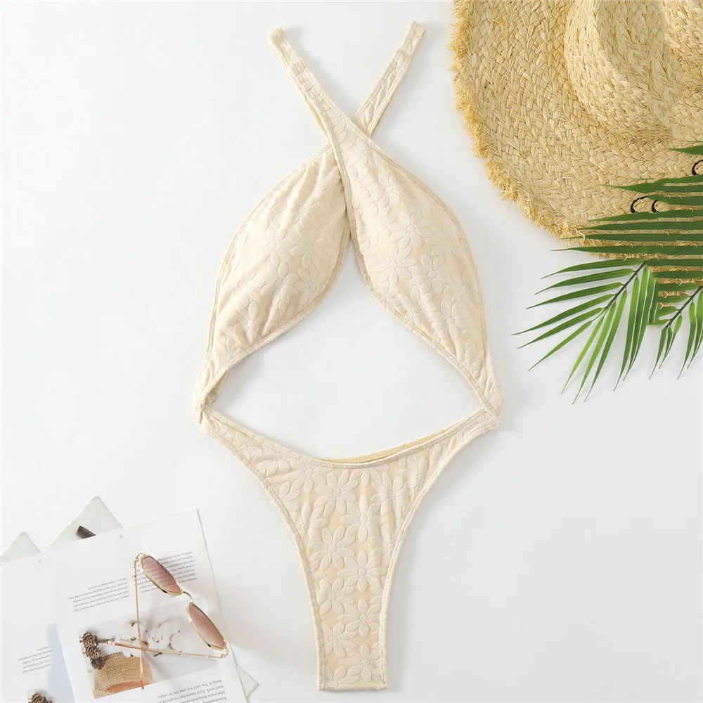 Sexy Off White Flower Swimwear One Piece Swimsuit Women Cross Bandage Cut Out Monokini High Cut Bathing Suit Swimming Beach Wear