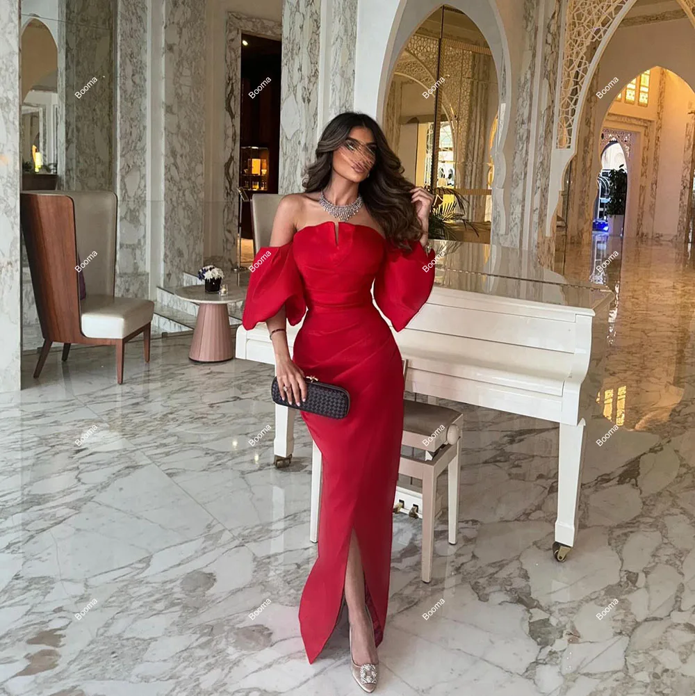 Booma Red Mermaid Evening Dresses Off Shoulder Puff Sleeves Satin Formal Party Gowns for Women Slit Simple Prom Dress