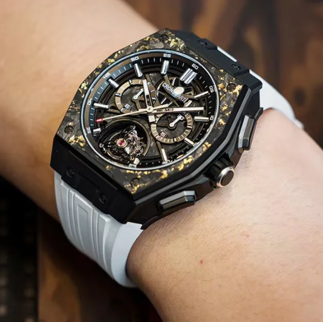 CRONUSART Men Tourbillon Watch 44mm Tonneau Automatic Mechanical Wristwatch Titanium Case Luminous Sapphire Waterproof FKM Strap