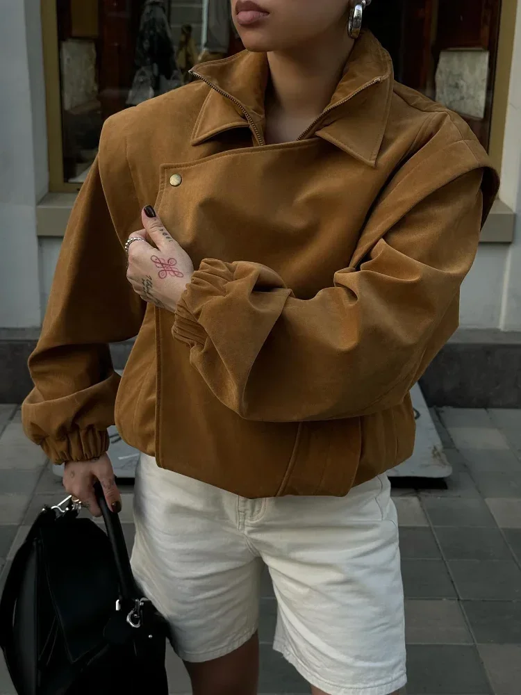 Giacca casual in tessuto scamosciato con cerniera raglan da donna Chic bavero manica intera tasca cappotto corto allentato Lady nuovo autunno quotidiano streetwear