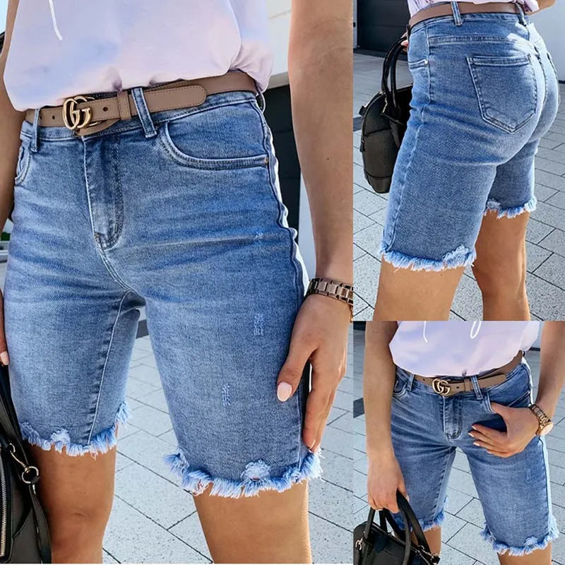 Women's Jeans Distressed Jeans Denim Plain Tassel Fringe Side Pockets Knee Length Micro-elastic Mid Waist Fashion Casual