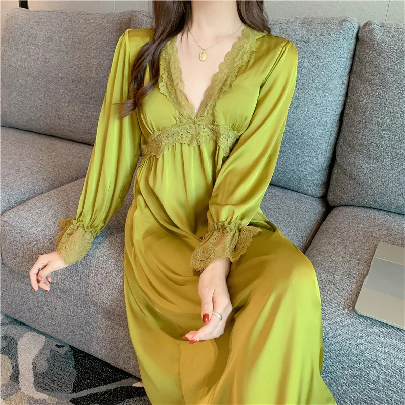 Deep V-Neck Nightgown Sexy Women Satin Sleepwear Palace Nightdress Lingerie Female Kimono Dressing Gown Princess Style Nightwear