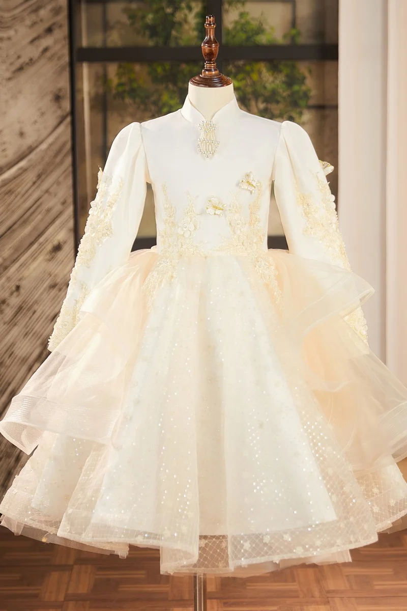 Красивое элитное платье с длинными рукавами для девочек для игры на фортепиано, роскошное нишевое платье принцессы для девочек на 10-летие