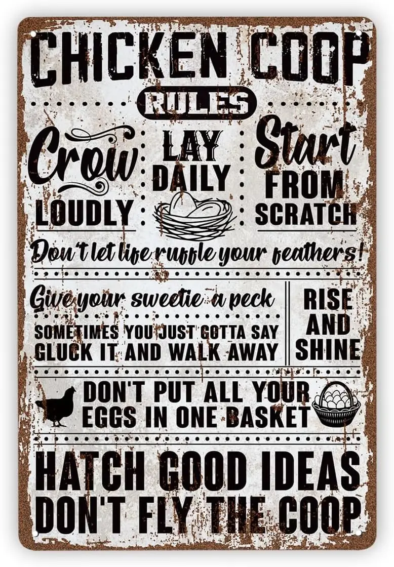 Funny Vintage Metal Tin Signs, Chicken Coop Rules Outdoor Metal Sign, Indoor/Outdoor Coherer Signs, Backyard Chicken Coop Decor,