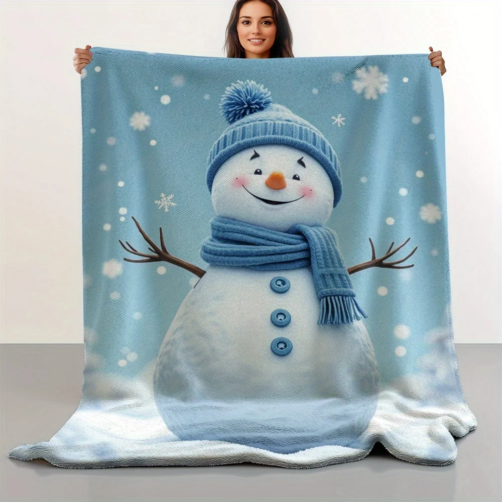 1pc Plush Flannel Throw Blanket - Retro Christmas Snowman Print with Blue Hat & Scarf, Soft All-Season Cozy Blanket for Sofa