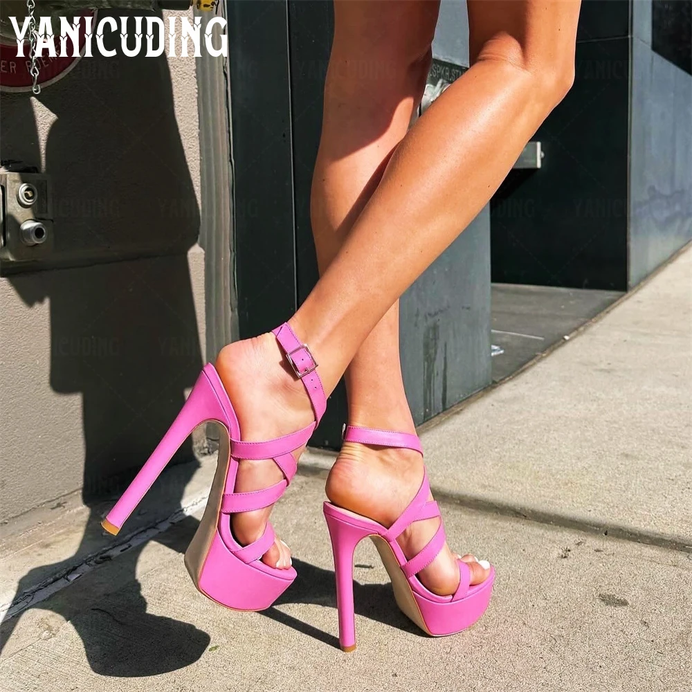 Ankle Wrap Platform Sandals Plain Gold Buckle Soft Leather Straps Beachwear Summer Shoes Concise Style Multi-color Stiletto Heel