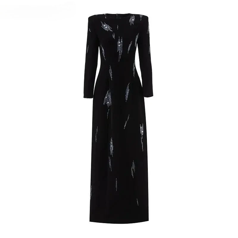 

New Women Luxury Style Fine Workmanship Sequined O-neck Long Sleeve Wear Party Wear Lady Maxi Solid Dress