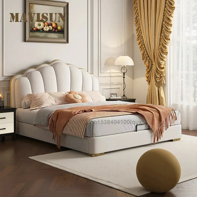 

Minimalist Princess Style Design Shell-Shaped Soft Upholstered Leather Bed For Kids With Metal Legs Solid Wood Children’ s Bed