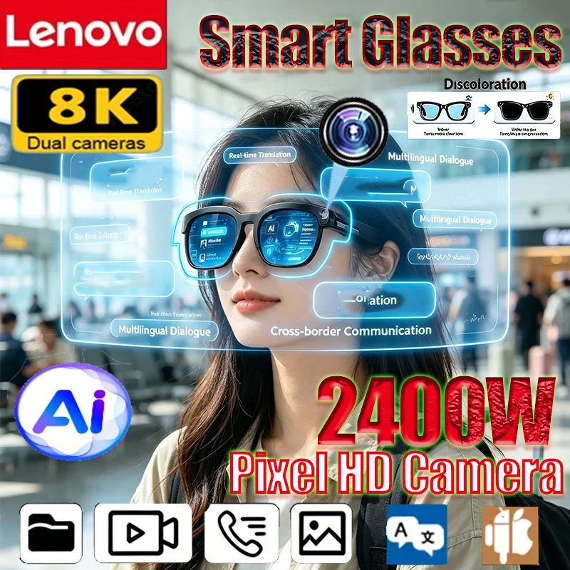 Image of Lenovo 8K 2400MP AI Smart-Brille Freisprechfunktion Übersetzung AI-Chat Aufzeichnung Musikwiedergabe Smart-Sonnenbrille für Männer und Frauen