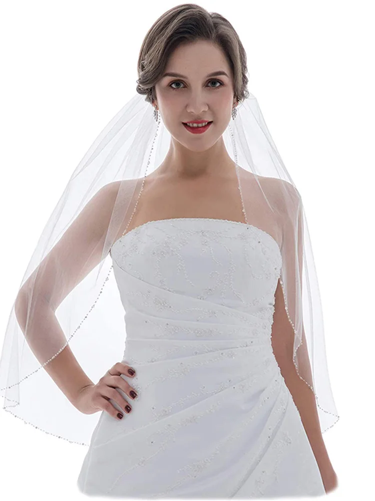 Fashion Crystal Wedding Veil One Layer Beaded Edge Women Bridal Veil Short with Comb  Wedding Accessories